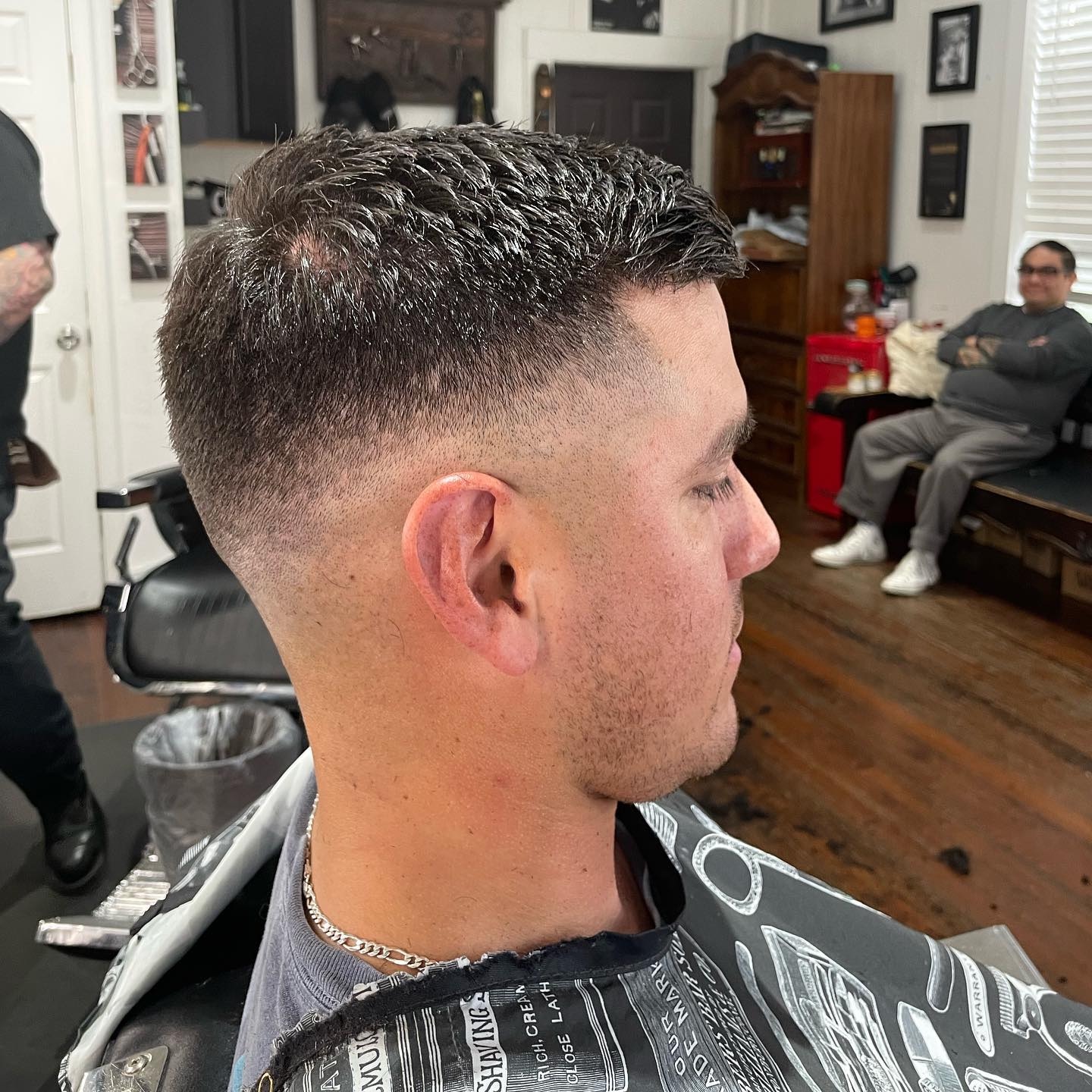 Close-up of a finished fade with a textured top at Townsend Barbershop